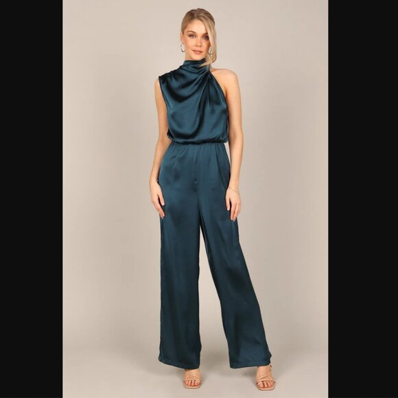 💋PRICE DROP💋 Petal & Pup Savannah Peacock Teal Satin One Shoulder Jumpsuit XL 🦚 - Picture 1 of 12